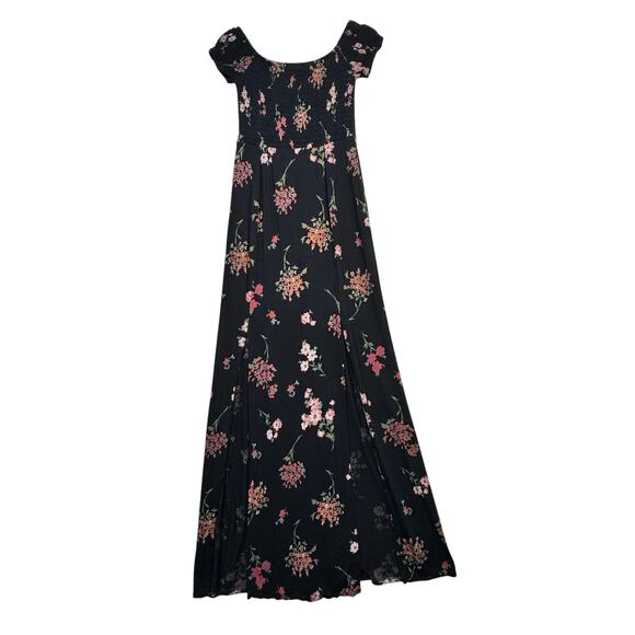 Express Y2K VTG Side Slit Maxi Dress Black Dark Pink Floral Smocked Bodice Small - Picture 2 of 9